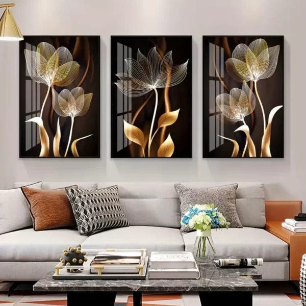 Quadro de flor dourada para decoração da sala 3 peças